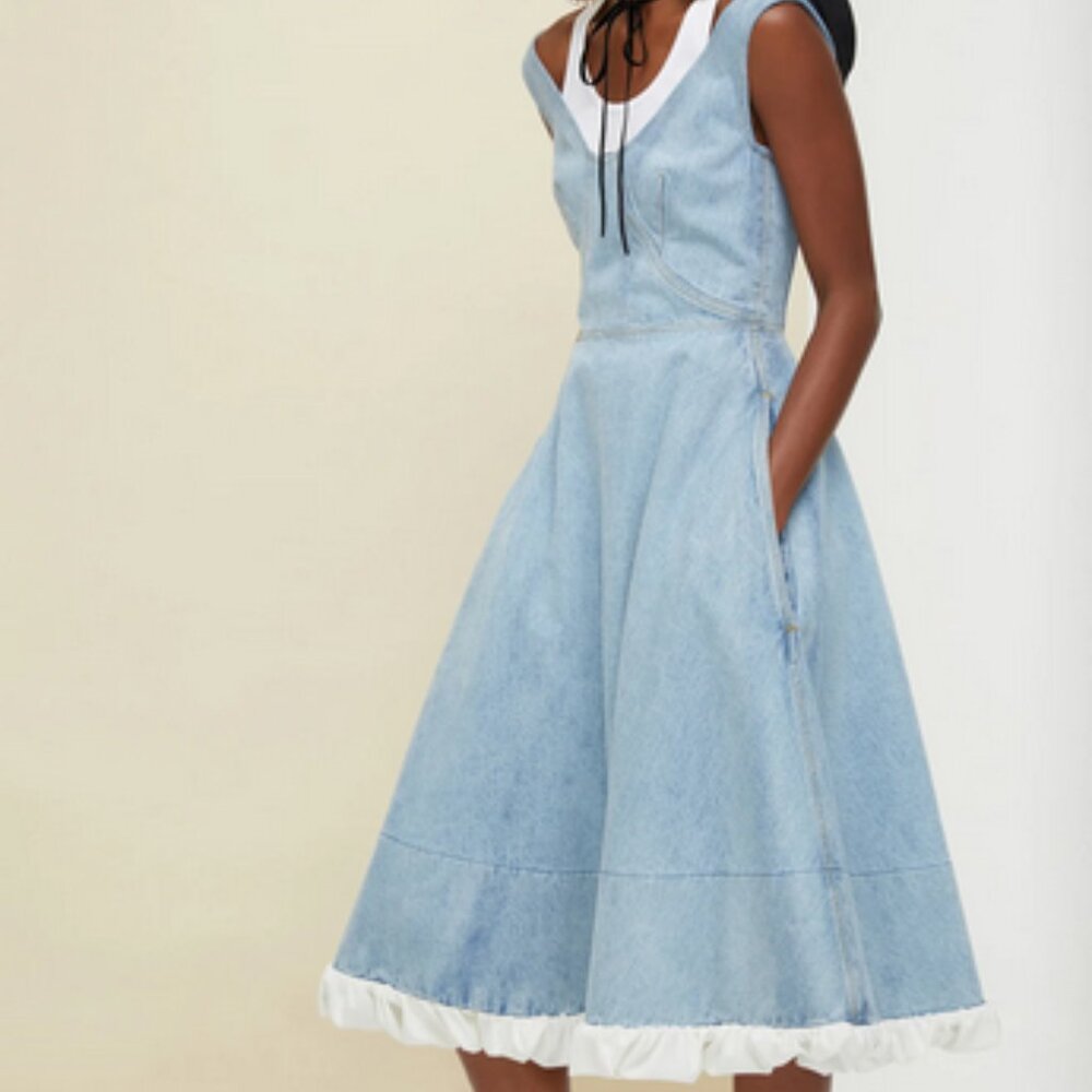💙 Patou Aurelie Rare Blueberry Denim Dress – Sleeveless, Puff Ruffle, Tailored